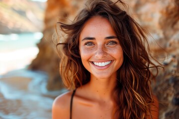 Fototapeta premium Smiling young woman with wavy hair enjoying a sunny day at the beach, copyspace for text
