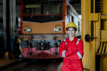 Engineer checking construction process railway and checking work on railroad station . Railway...