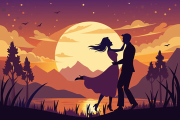 The Dance of Nature in the Silhouette of a Couple in a Meadow illustration