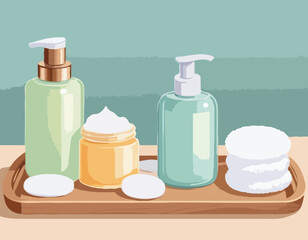 Skin care products on wooden tray. Bottles with cleansing foam, glass jar with cotton pads.
