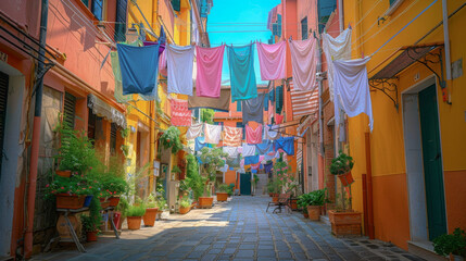 Fototapeta premium A narrow alleyway with hanging laundry and potted plants