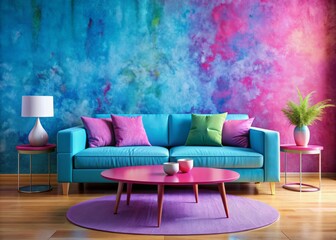 Vibrant blue sofa and round pink coffee table against multicolored stucco wall with ample copy...