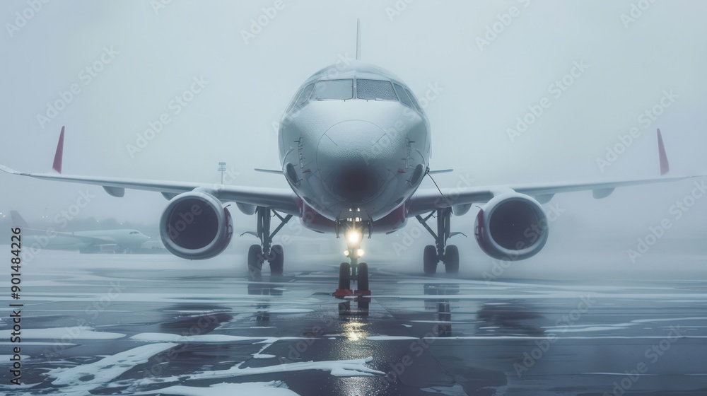 Poster showcase an airplane with advanced de-icing systems that automatically detect and remove ice buildup