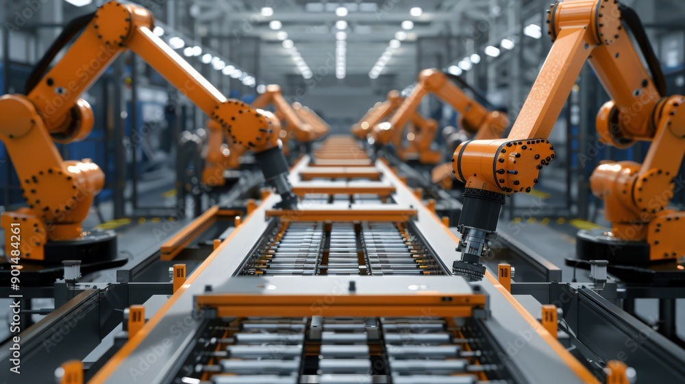 Poster showcase an assembly line with robots working in perfect harmony, producing high-quality automotive 