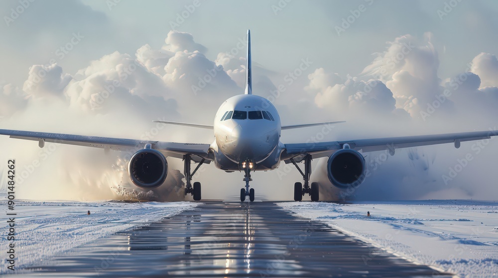Poster showcase an airplane with advanced de-icing systems that automatically detect and remove ice buildup
