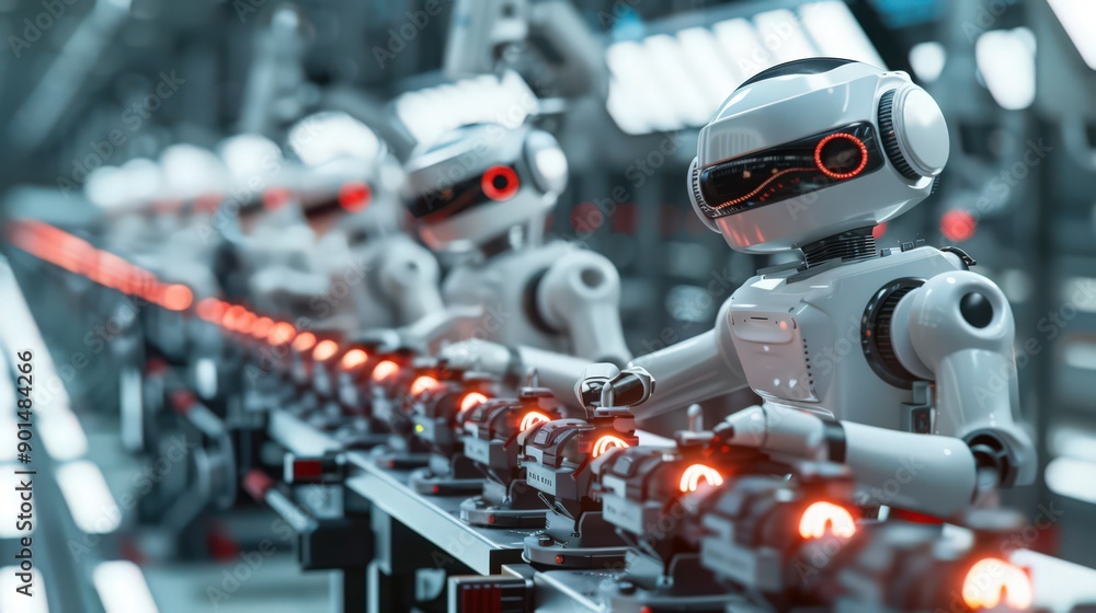 Poster showcase an assembly line with robots working in perfect harmony, producing high-quality automotive 