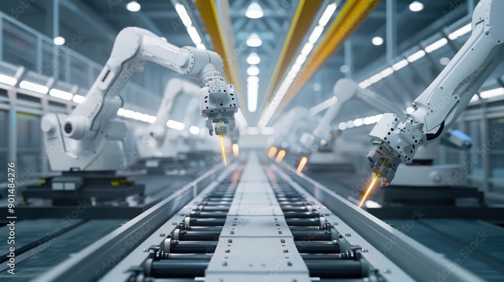 Poster showcase an assembly line with robots working in perfect harmony, producing high-quality automotive 