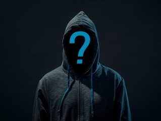 faceless man in black hoodie with blue question mark on black background, unknown person  