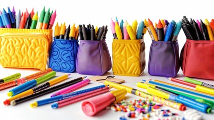 Obraz premium A vibrant wave of school supplies featuring markers, pencil cases, and glue sticks, isolated on a white background, emphasizing creativity and learning.