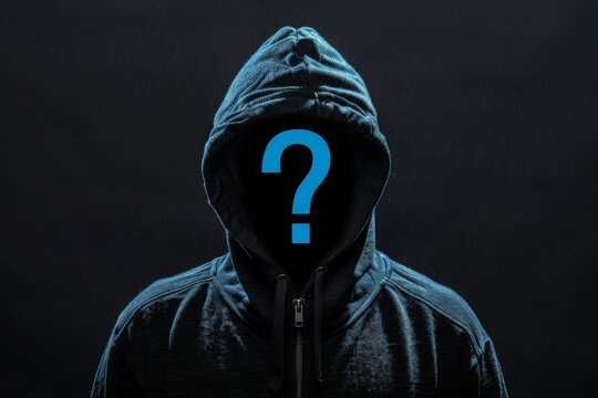 faceless man in black hoodie with blue question mark on black background, unknown incognito.