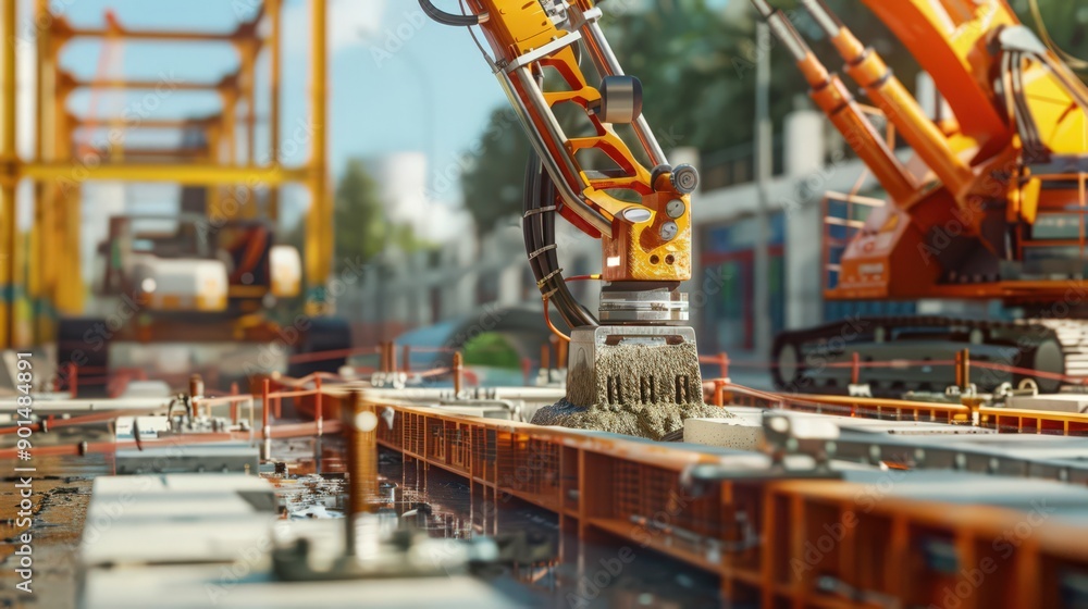 Poster showcase robots conducting a large-scale concrete pour for a new bridge. focus on the coordination a
