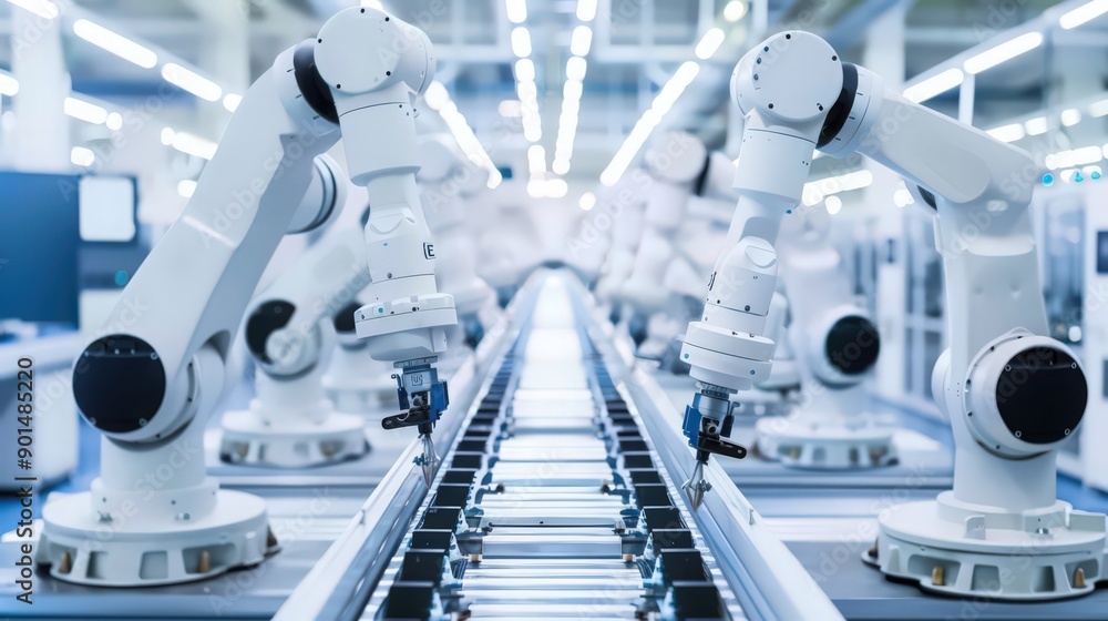 Aufkleber showcase robots in a semiconductor factory, performing ultra-clean and precise assembly of semicondu