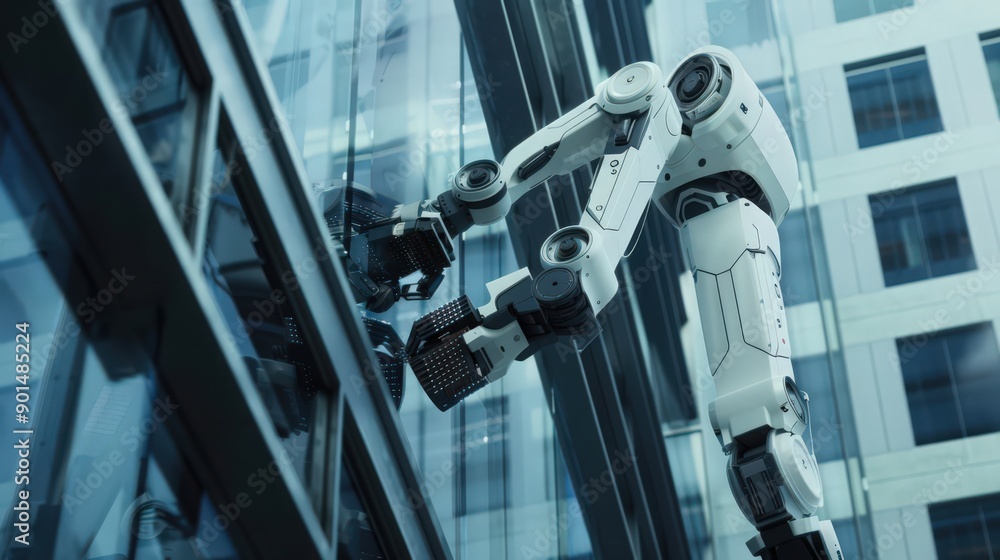 Poster showcase robots installing advanced smart glass windows on the exterior of a high-rise, emphasizing 