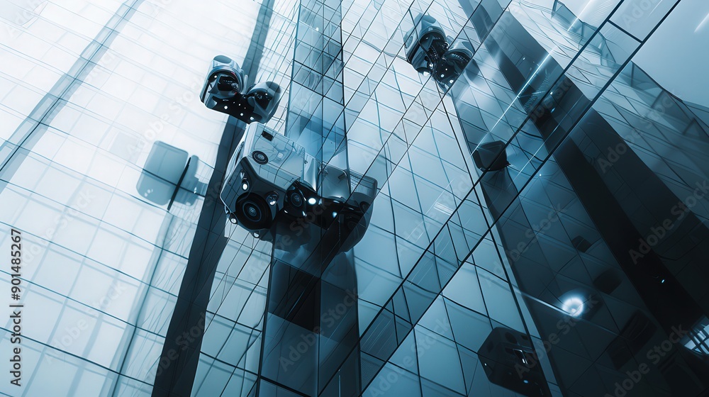 Poster showcase robots installing advanced smart glass windows on the exterior of a high-rise, emphasizing 