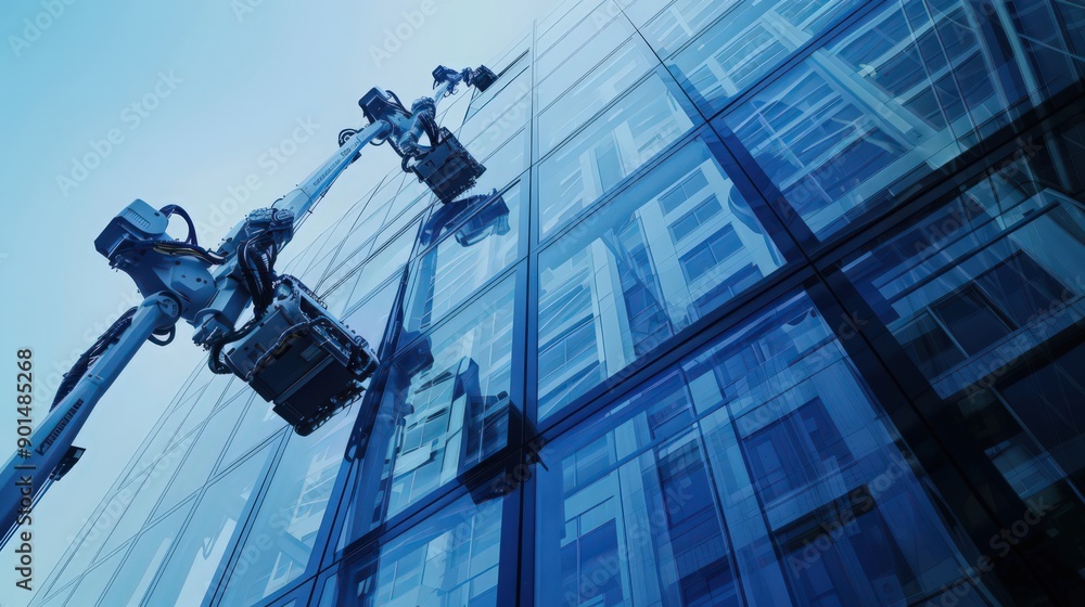 Poster showcase robots installing advanced smart glass windows on the exterior of a high-rise, emphasizing 
