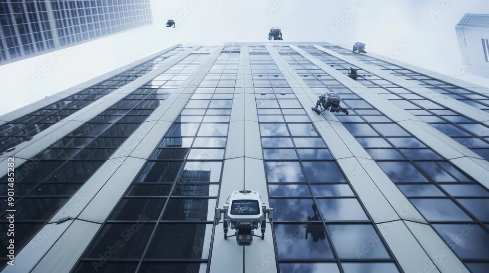 Poster showcase robots installing advanced smart glass windows on the exterior of a high-rise, emphasizing 