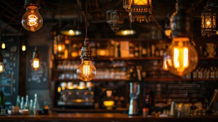 Antique style electric bulbs in coffee shop with vintage ambiance