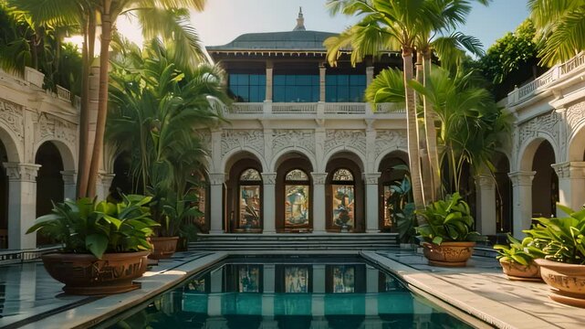 Video footage of  luxurious swimming pool area within a high end, classical style residence.