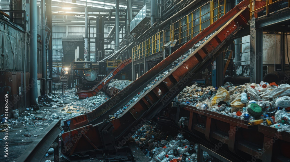 Poster showcase the advanced robotics in a recycling facility, sorting and processing materials with high e