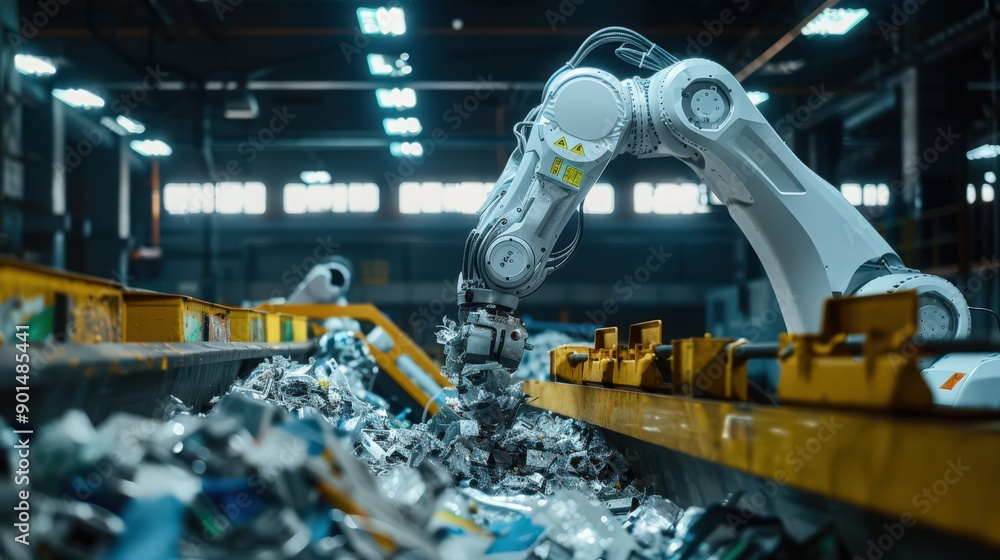 Poster showcase the advanced robotics in a recycling facility, sorting and processing materials with high e