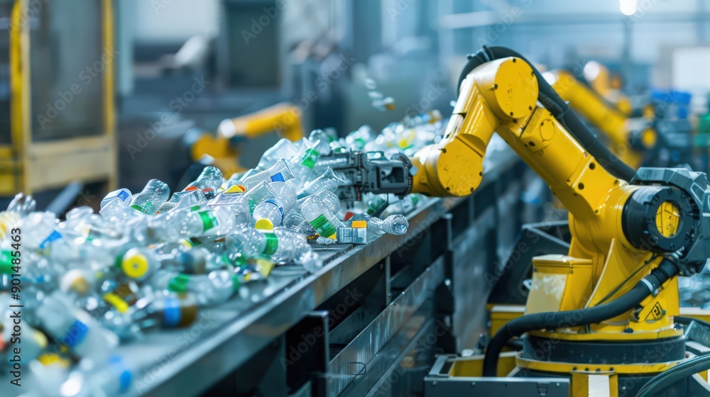 Poster showcase the advanced robotics in a recycling facility, sorting and processing materials with high e