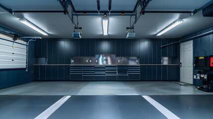 This image shows the interior of a garage with tool cabinets, a red stripe running down the middle of the floor, and a large garage door in the background.