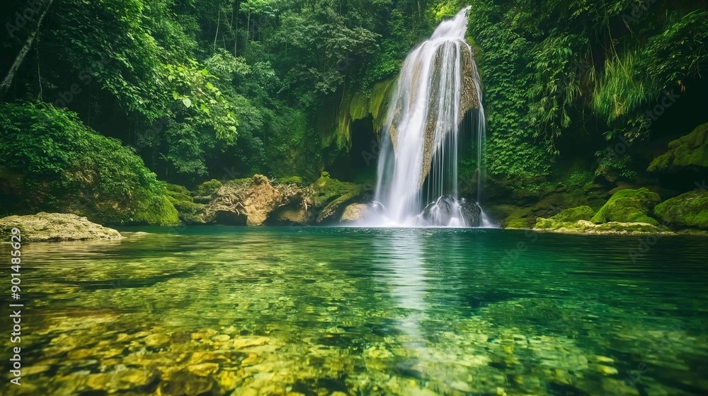 Aufkleber a waterfall cascading into a clear pool in a lush jungle, with open space for text above and around 