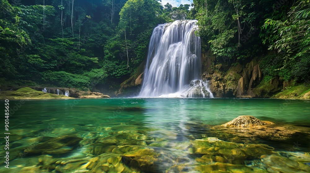 Poster a waterfall cascading into a clear pool in a lush jungle, with open space for text above and around 