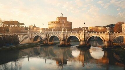 Obraz premium Showcase the Castel Sant'Angelo and its iconic cylindrical structure, rising above the Tiber River and surrounding Roman cityscape.