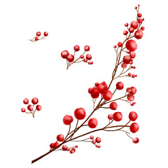 Red berries on a branch. Watercolor illustrations. Christmas winter berries and twigs isolated on white background. Suitable for Christmas festivals, winter, New Year invitations or greeting cards.