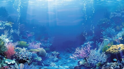 Naklejka premium Marine Ecosystem: Encompasses ocean habitats like coral reefs, kelp forests, and deep-sea regions, providing crucial environments for marine life and ecological functions. 