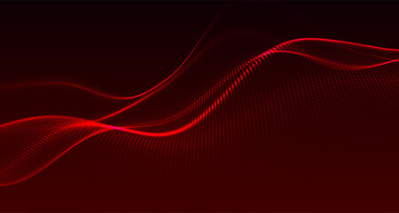 Futuristic dot wave. Abstract digital particle wave. Technology background. Colored musical wave. Dark background. Digital background with smooth, wavy curves. 3D rendering