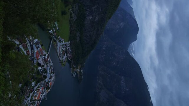 Time lapse view from the mountain to the Aurlandsvangen
city at the evening. Cloudy summer day.
Aurland Municipality
Vertical video
