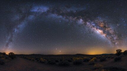 Fototapeta premium A wide-angle panorama of a clear, starry night sky with the Milky Way arching overhead and the glow of distant nebulae.