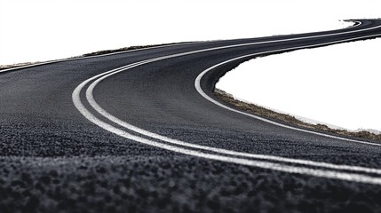 A winding countryside road with soft curves, set against a pure white background, with detailed asphalt texture and markings.
