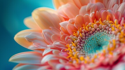Macro gerbera flower with many petals prominent center by using close-up shot to capture intricate details structure, ovary receptacle style peduncle