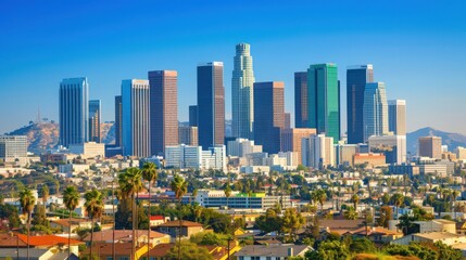 Showcase the Los Angeles skyline at dusk, with the city transitioning from day to night