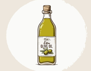 Hand-drawn olive oil bottle isolated on a white background. Extra virgin olive oil. Vintage style. Vector illustration in Doodle style