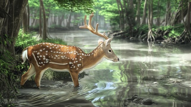 5d water color sketch of a spotted deer in the river, the water is clear and clean, the trees are green arount it realist, uhd, 16k.