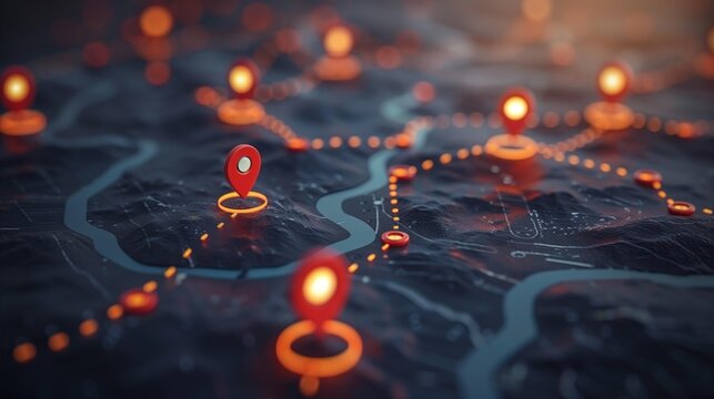 Delivery route optimization for efficient faster delivery shipment by glowing red pins on dark map, pin glow