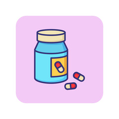 Pill bottle line icon. Painkiller, aspirin, vitamin. Medicine concept. Vector illustration can be used for topics like healthcare, pharmacology, addiction