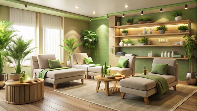 Soothing beige and green interior of an eco-friendly spa salon featuring comfortable couches, plush towels, and aromatic fragrance oils, evoking relaxation and serenity.