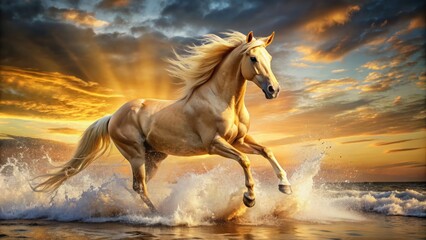 Majestic golden stallion galloping through a serene summer field, surrounded by a dramatic water splash effect, showcasing its natural beauty and power in nature.