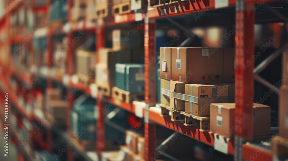 Aufkleber showcase the organized chaos of inventory in a warehouse, featuring neatly stacked boxes and labeled