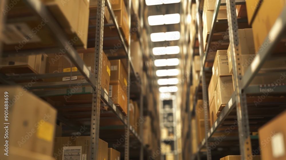Poster showcase the organized chaos of inventory in a warehouse, featuring neatly stacked boxes and labeled
