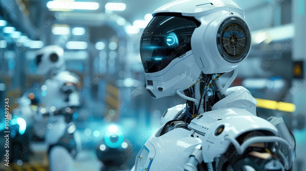 Poster showcase the role of robots in a factory producing aerospace components, emphasizing the precision a