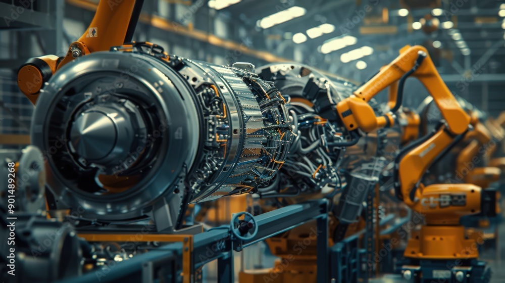 Poster showcase the role of robots in a factory producing aerospace components, emphasizing the precision a