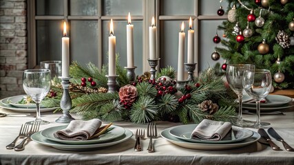 Fototapeta premium A Christmas table decorated with candles and beautiful tableware
