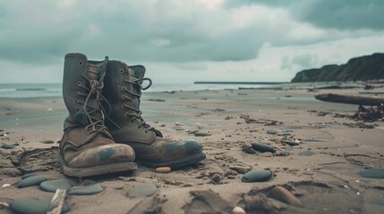 Vintage military boots on a sandy beach, under an overcast sky, capturing a somber, historical mood - Powered by Adobe