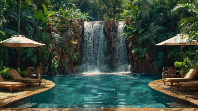 A beautiful waterfall is in the background of a pool with two umbrellas